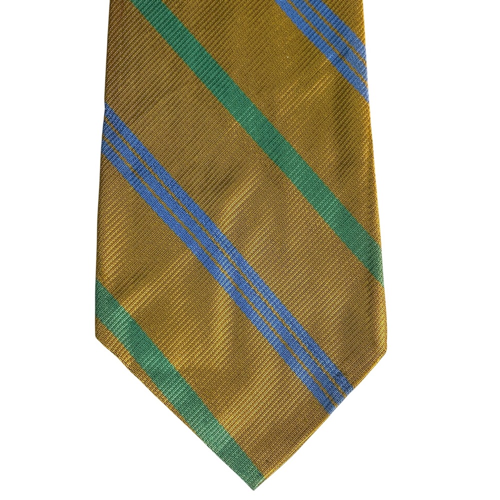 VTG Repp Silk Tie Mens Gold Mustard Green Cornflower Blue Striped Preppy 54x3.75